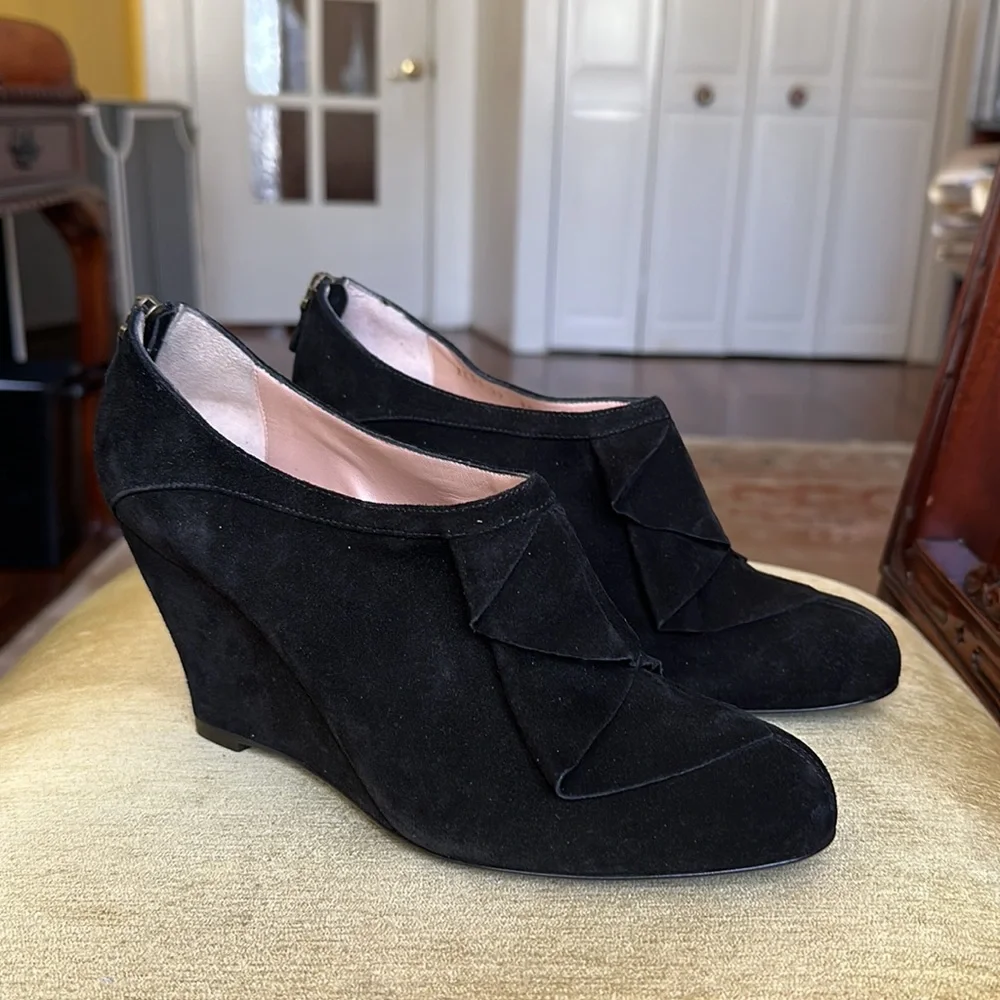Emporio Armani Black Suede Wedge Booties with Ruffle and Back Zip EUR 40 US 9.5